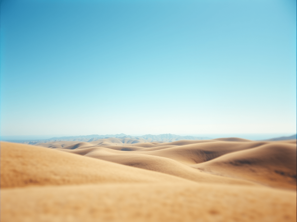 A minimalist landscape with rolling hills and a clear blue sky, emphasizing the vastness and quiet of nature. Visual representation of silence.